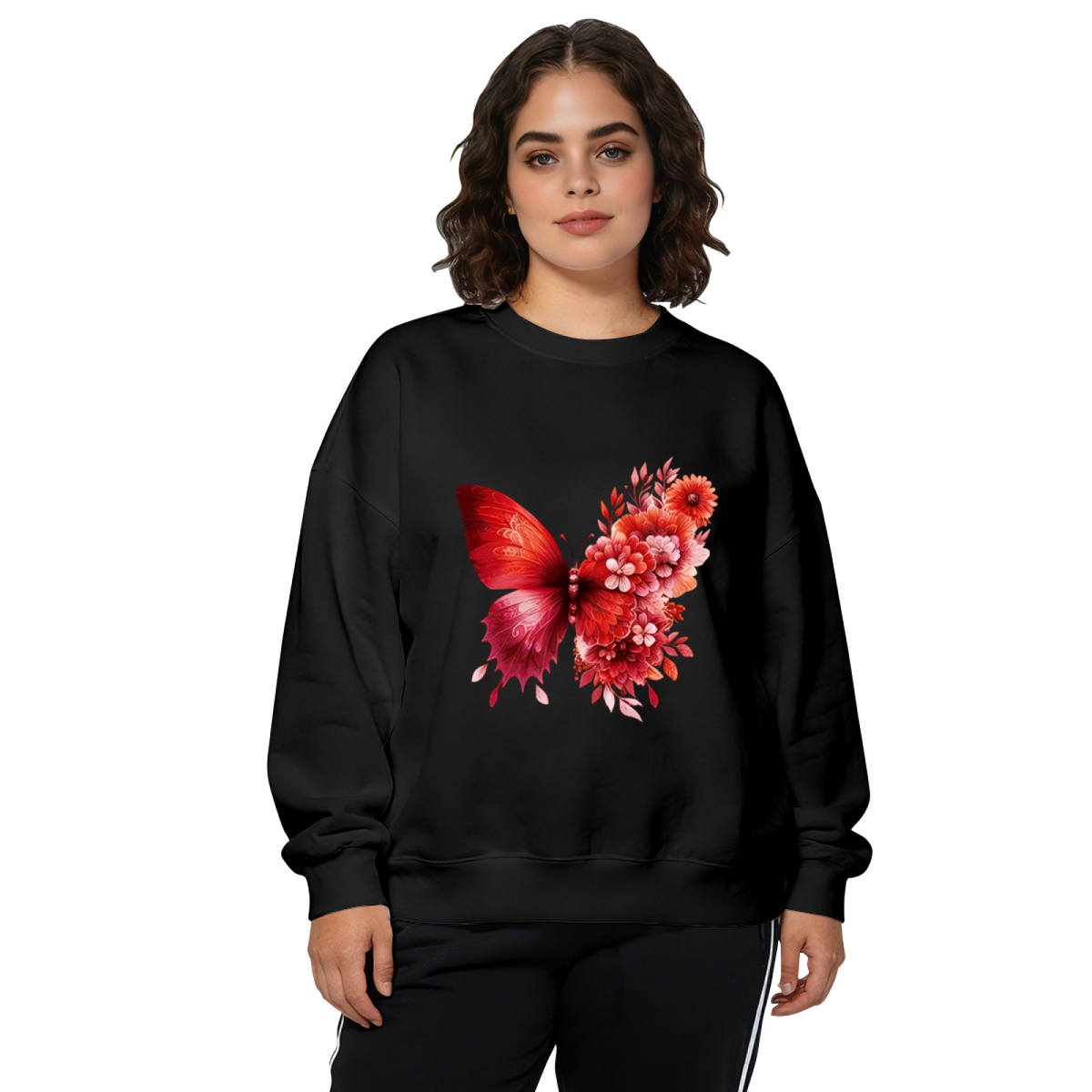 Romantic Red Floral Butterfly Art Crewneck Sweatshirt