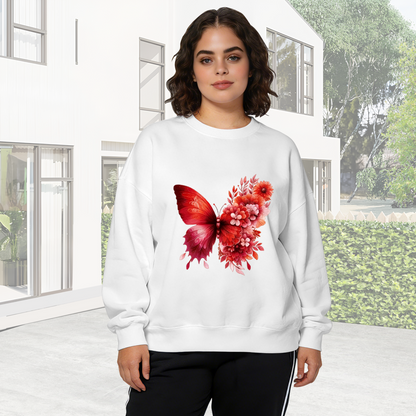 Romantic Red Floral Butterfly Art Crewneck Sweatshirt