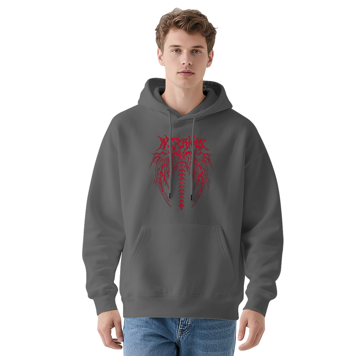 Edgy Red Gothic Skeleton Wing Graphic Hoodie