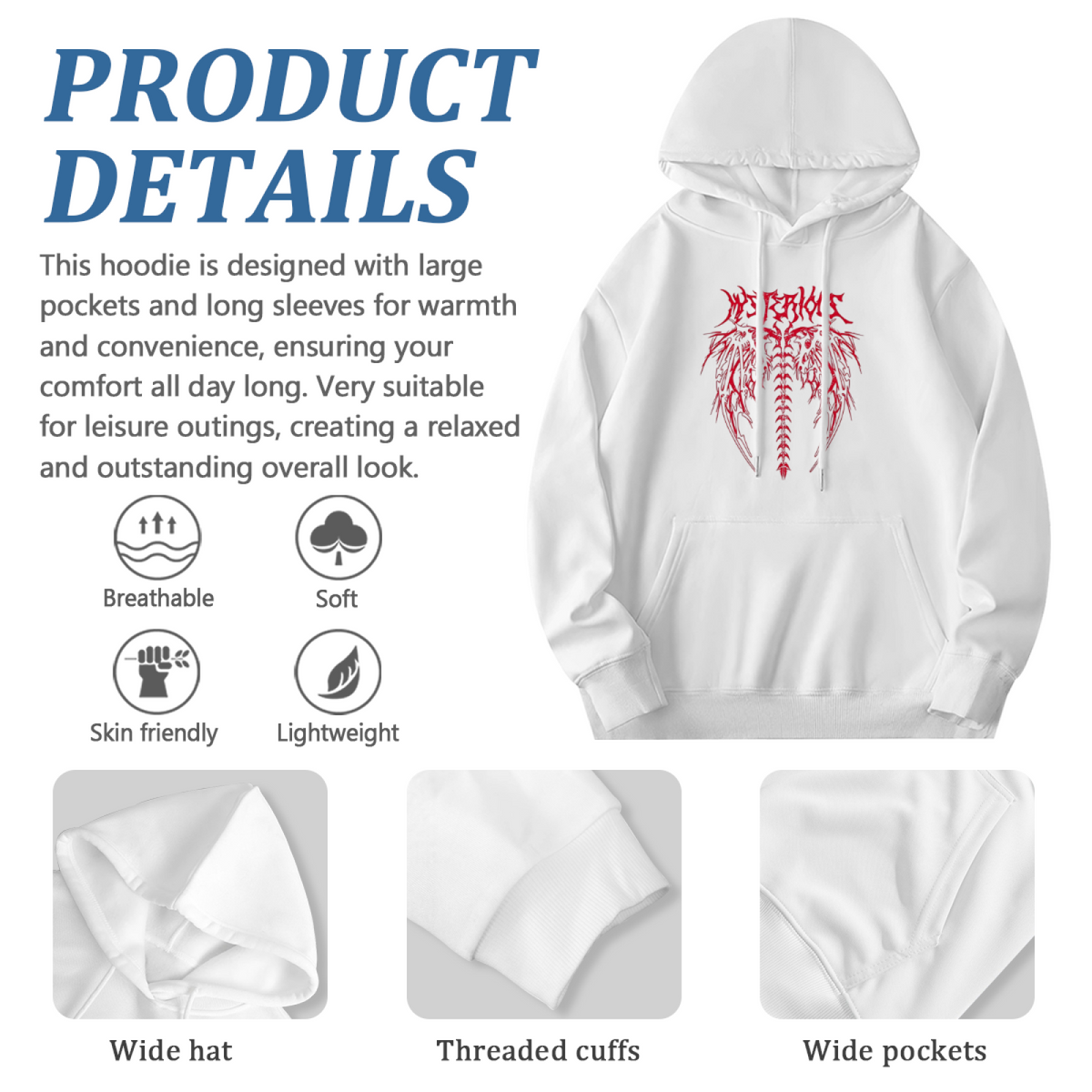Edgy Red Gothic Skeleton Wing Graphic Hoodie