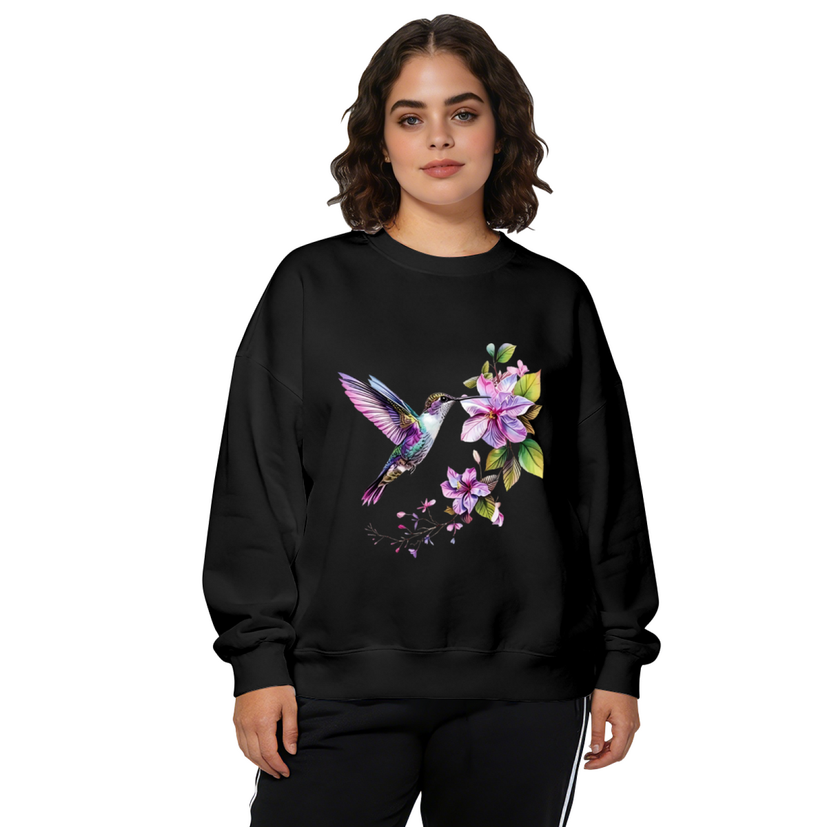 Vibrant Hummingbird Purple Floral Dark‑Tone Crewneck Sweatshirt