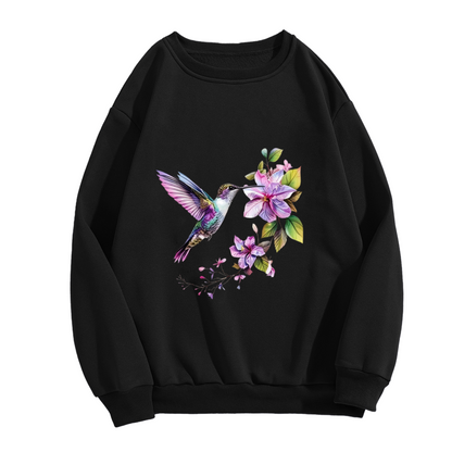 Vibrant Hummingbird Purple Floral Dark‑Tone Crewneck Sweatshirt