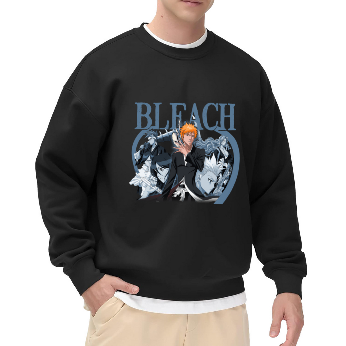 Bleach Anime Hero Group Character Print Black Crew Neck Sweatshirt