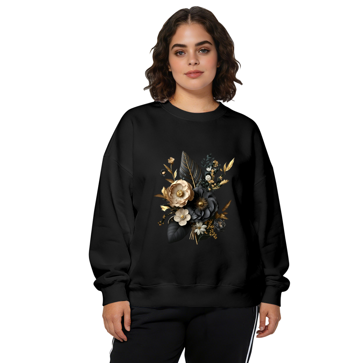 Elegant Black?Gold Floral Bouquet Art Crewneck Sweatshirt