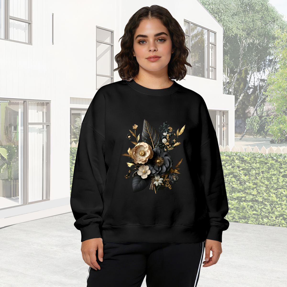 Elegant Black?Gold Floral Bouquet Art Crewneck Sweatshirt