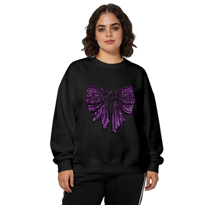 Sparkly Glitter?Style Purple Bow Graphic Black Crewneck Sweatshirt