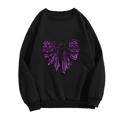 Sparkly Glitter?Style Purple Bow Graphic Black Crewneck Sweatshirt
