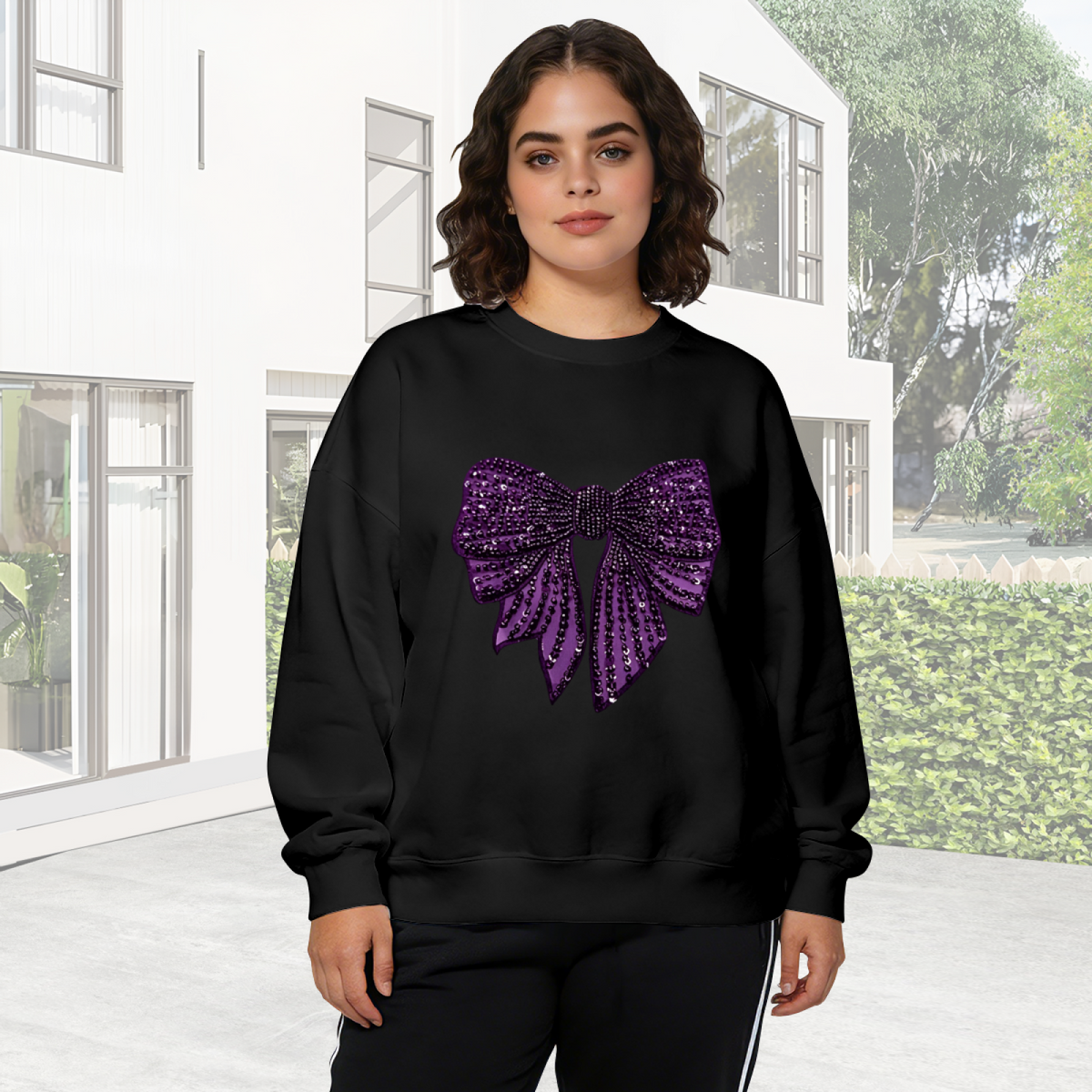 Sparkly Glitter?Style Purple Bow Graphic Black Crewneck Sweatshirt