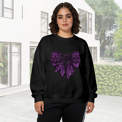Sparkly Glitter?Style Purple Bow Graphic Black Crewneck Sweatshirt