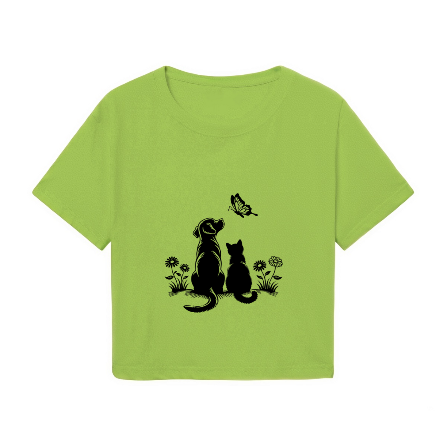 Dog Cat & Butterfly Silhouette Lime Green Crop Top ¨C Pet Lover Casual Tee