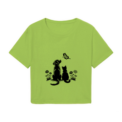 Dog Cat & Butterfly Silhouette Lime Green Crop Top ¨C Pet Lover Casual Tee