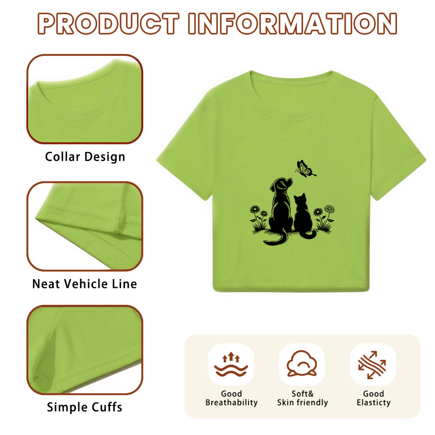 Dog Cat & Butterfly Silhouette Lime Green Crop Top ¨C Pet Lover Casual Tee
