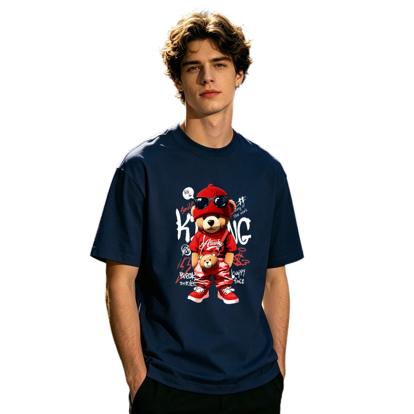 Men's Red Hip Hop King Teddy Bear Streetwear Graffiti Graphic Tee