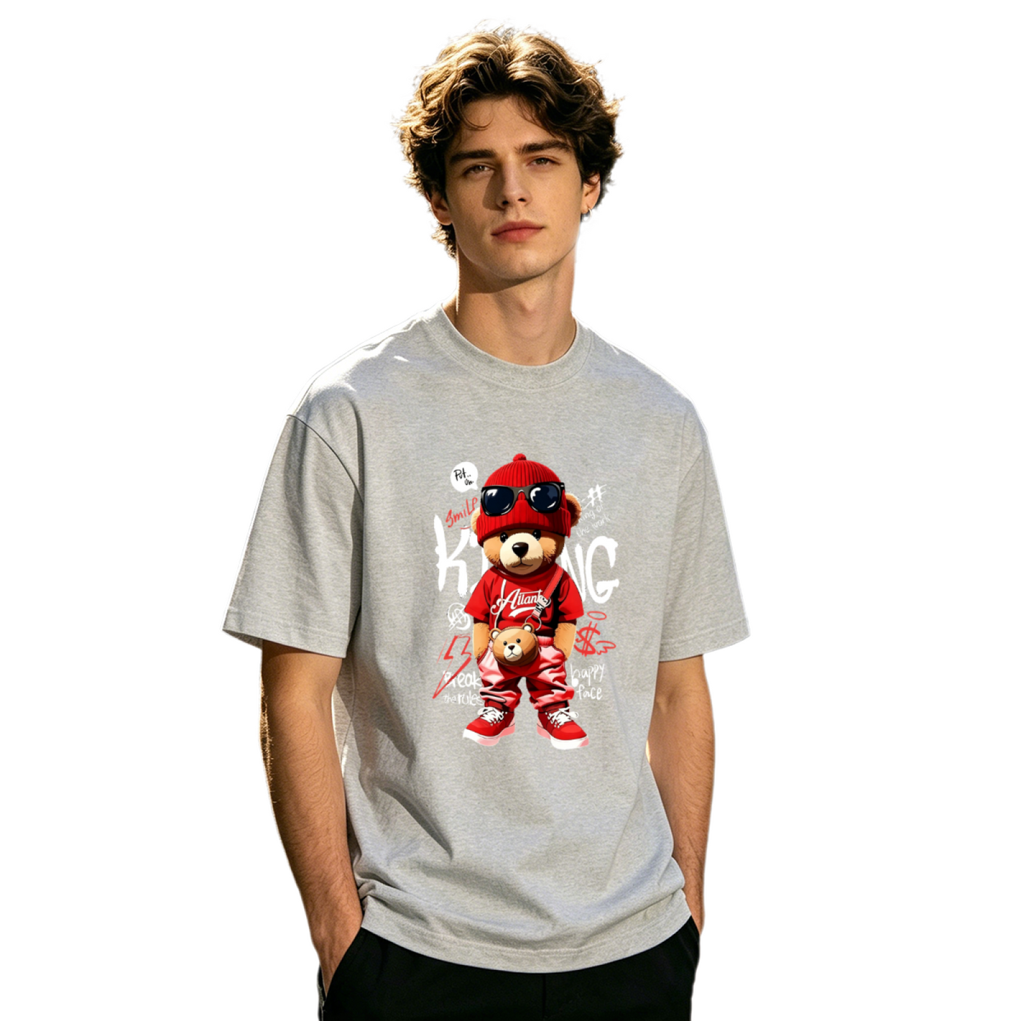 Men's Red Hip Hop King Teddy Bear Streetwear Graffiti Graphic Tee