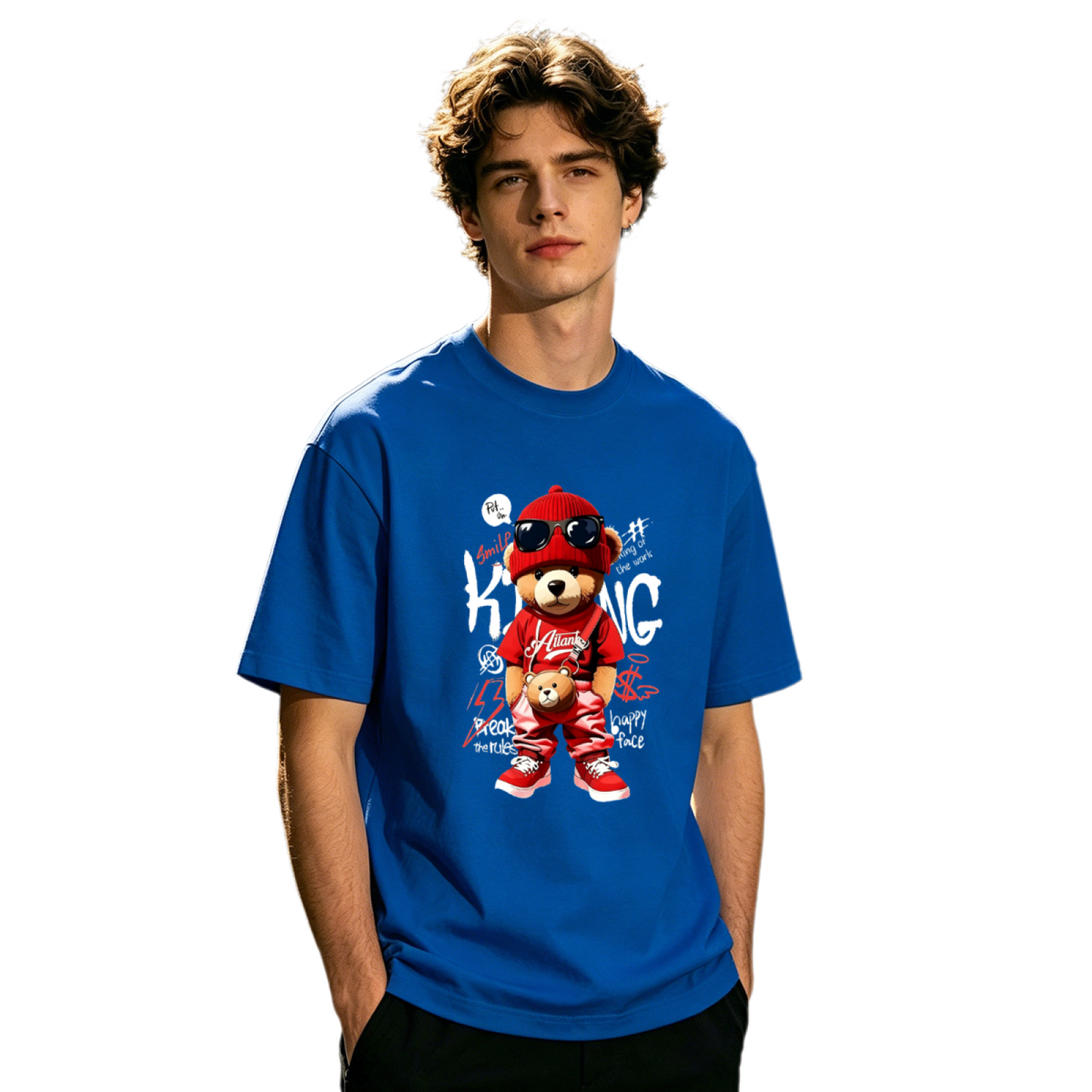 Men's Red Hip Hop King Teddy Bear Streetwear Graffiti Graphic Tee