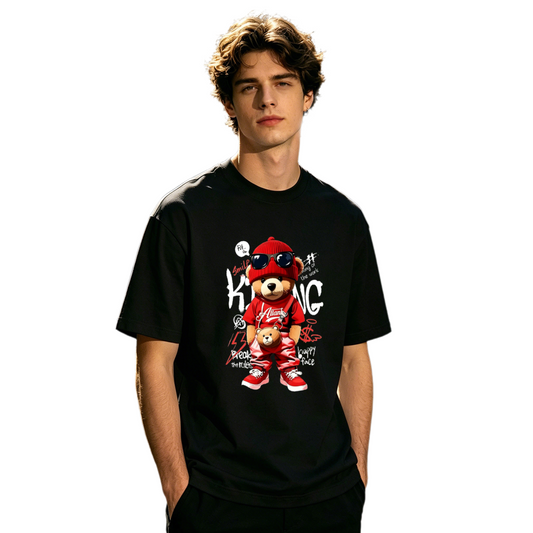 Men's Red Hip Hop King Teddy Bear Streetwear Graffiti Graphic Tee