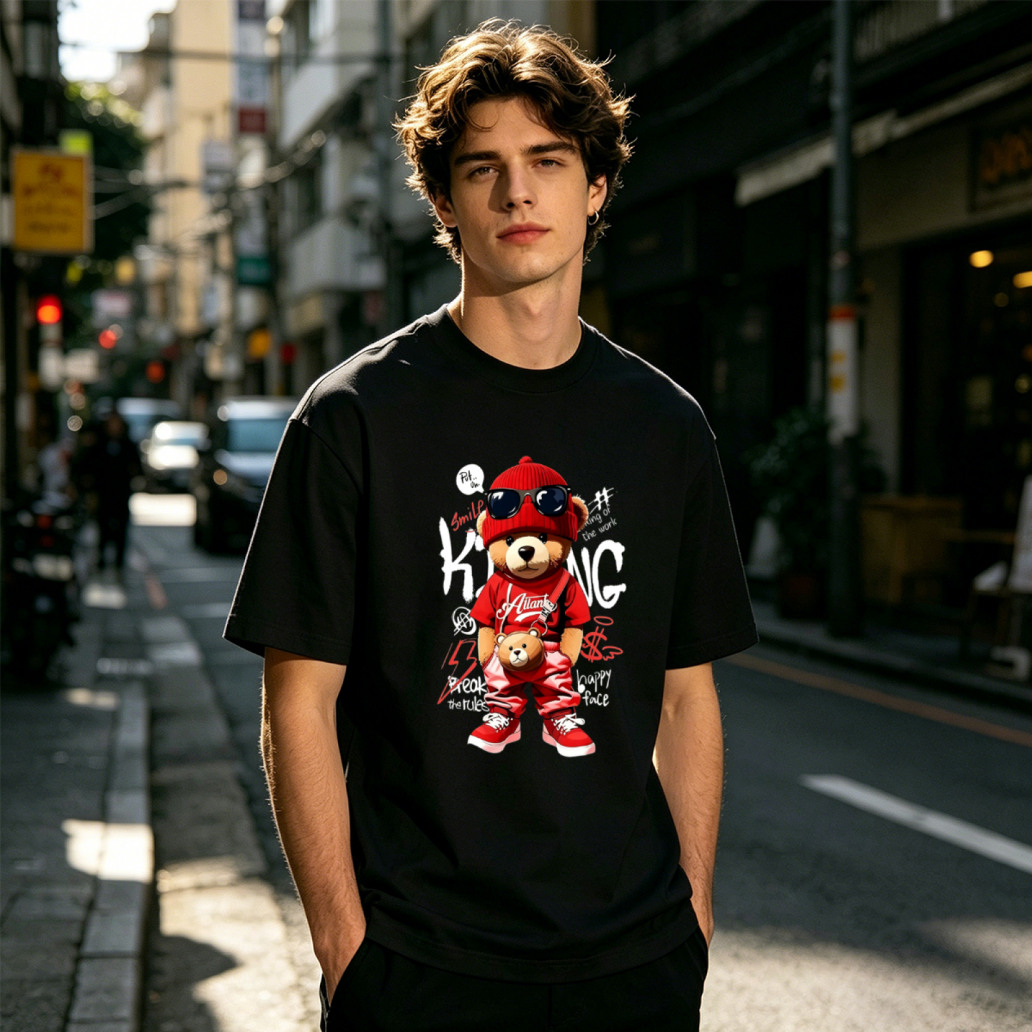 Men's Red Hip Hop King Teddy Bear Streetwear Graffiti Graphic Tee