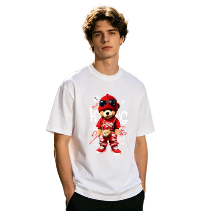 Men's Red Hip Hop King Teddy Bear Streetwear Graffiti Graphic Tee