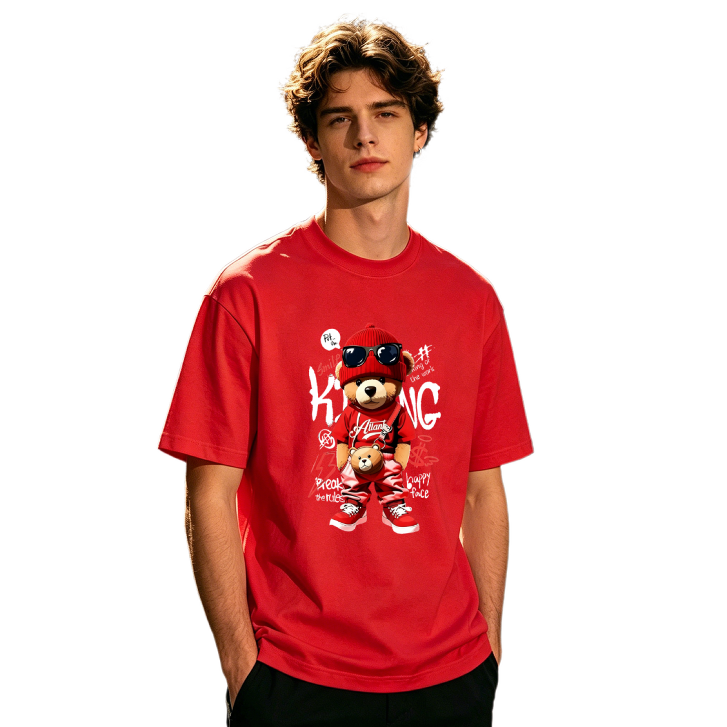 Men's Red Hip Hop King Teddy Bear Streetwear Graffiti Graphic Tee