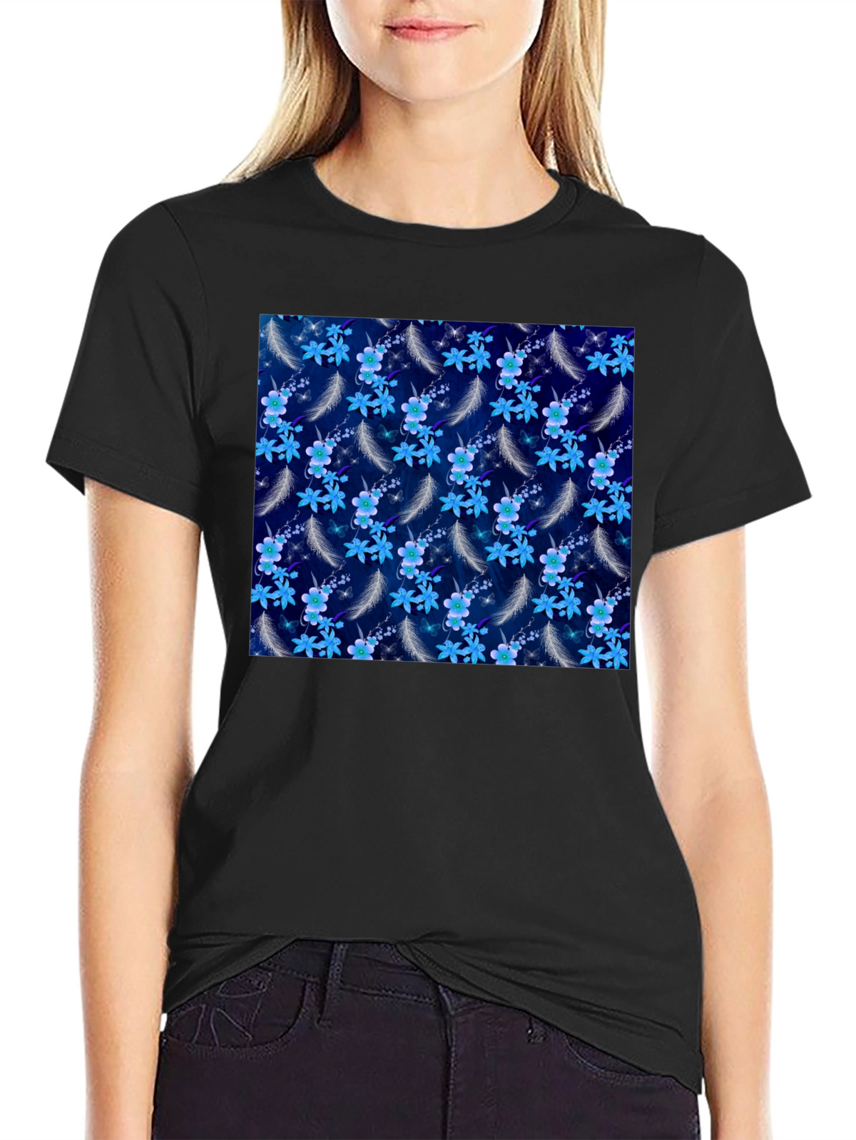 Floral Feather Graphic Tee - Black