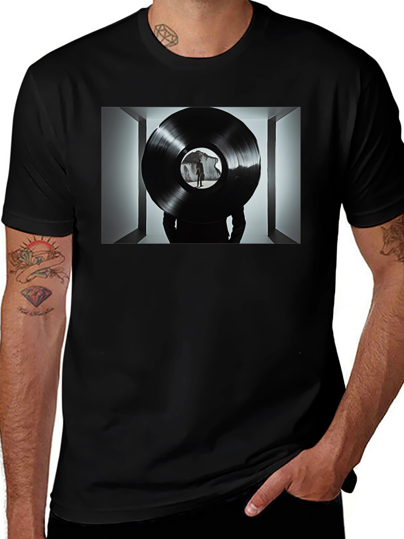 Abstract Record Print Black Tee