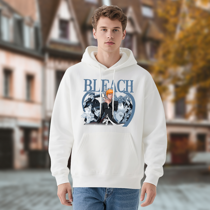 BLEACH Classic Anime Character Graphic White Hoodie, Unisex Soft Relaxed Fit Hooded Top