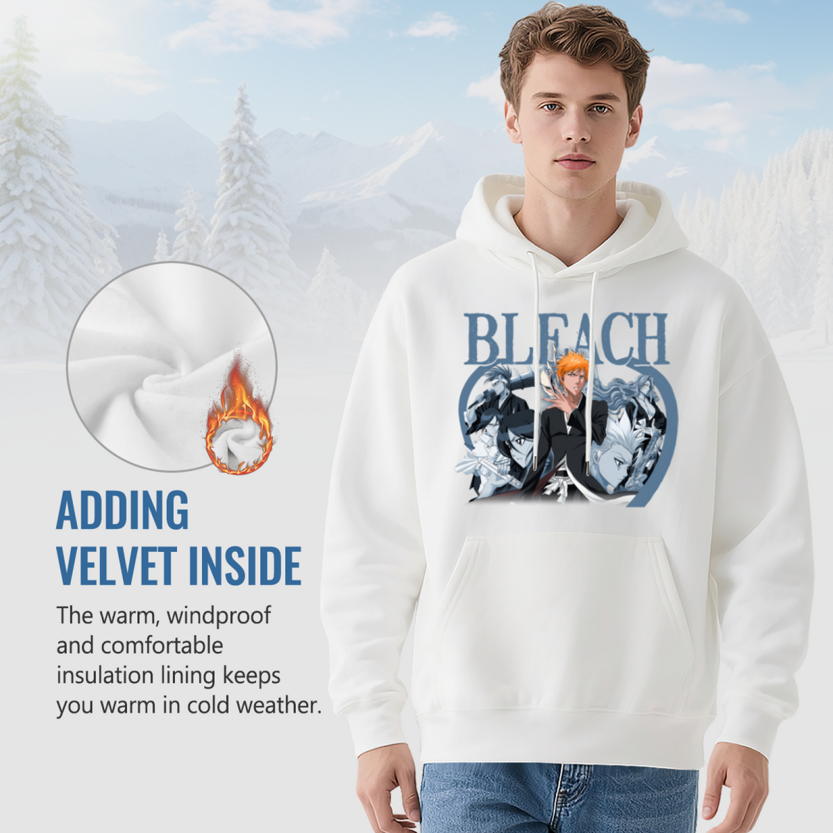 BLEACH Classic Anime Character Graphic White Hoodie, Unisex Soft Relaxed Fit Hooded Top