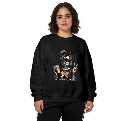 Skeleton Girl With Drink & Peace Sign Graphic Crewneck Sweatshirt