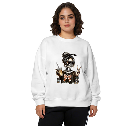 Skeleton Girl With Drink & Peace Sign Graphic Crewneck Sweatshirt