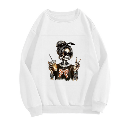 Skeleton Girl With Drink & Peace Sign Graphic Crewneck Sweatshirt