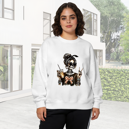 Skeleton Girl With Drink & Peace Sign Graphic Crewneck Sweatshirt