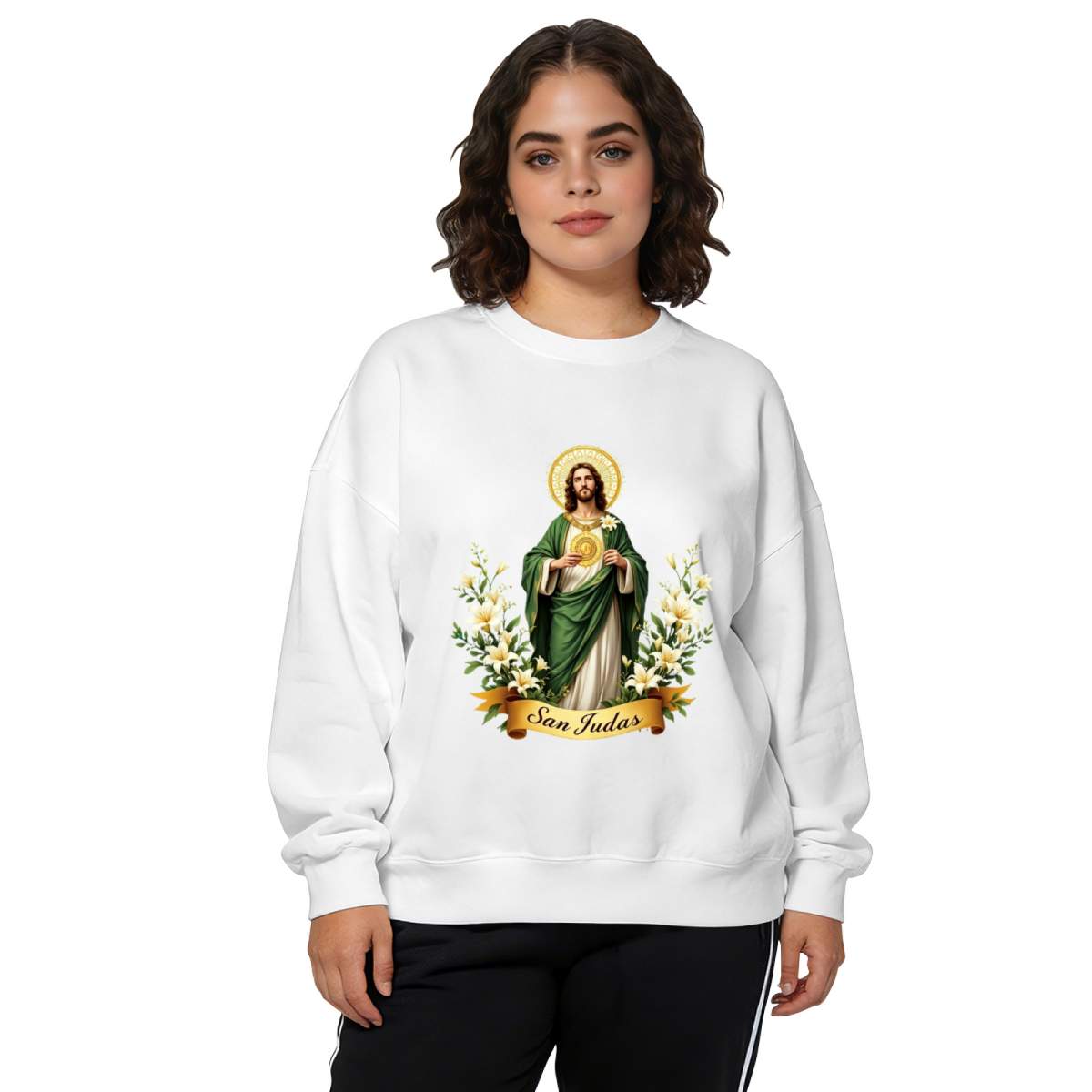 San Judas Tadeo Sacred Lily Decor Devotional Crewneck Sweatshirt