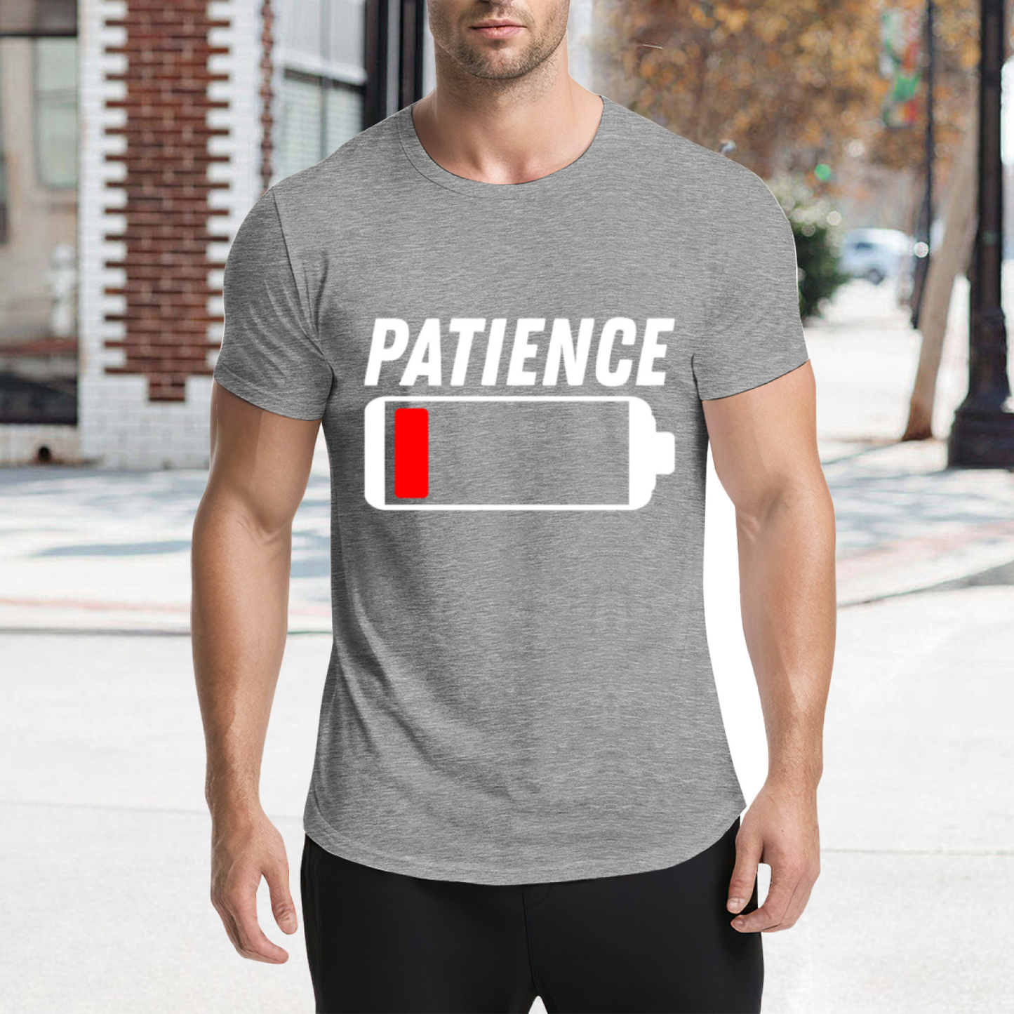Low Battery Patience Funny Mood Graphic Grey T-Shirt