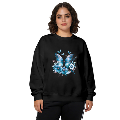 Blue Watercolor Butterfly & Blooms Graphic Crewneck Sweatshirt