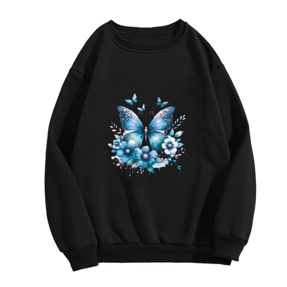 Blue Watercolor Butterfly & Blooms Graphic Crewneck Sweatshirt