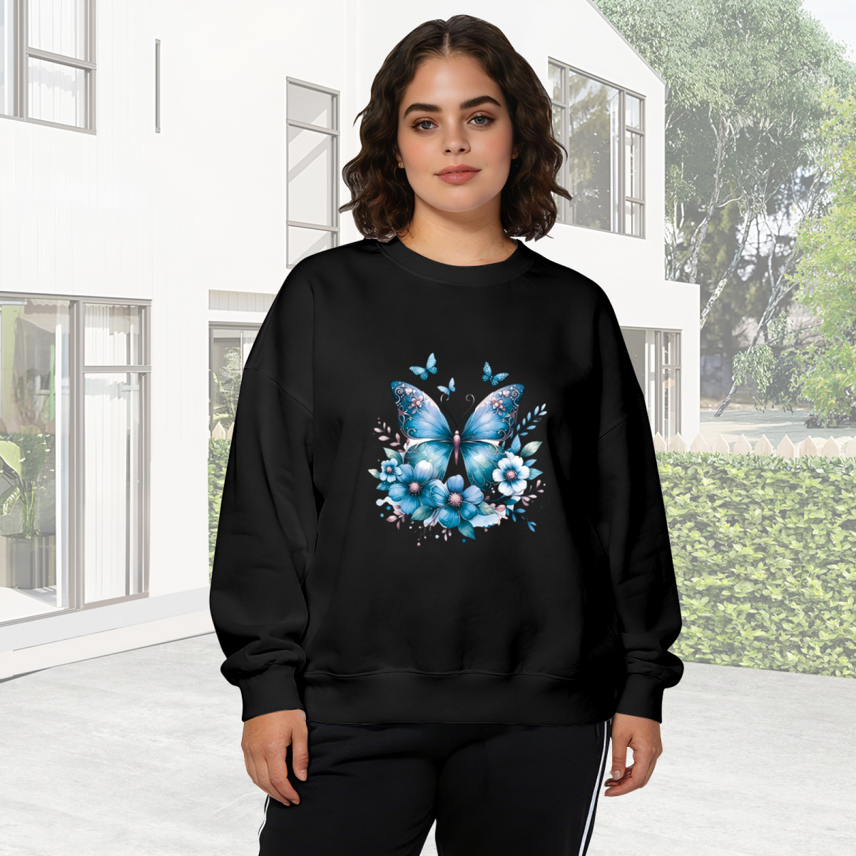 Blue Watercolor Butterfly & Blooms Graphic Crewneck Sweatshirt