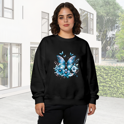 Blue Watercolor Butterfly & Blooms Graphic Crewneck Sweatshirt