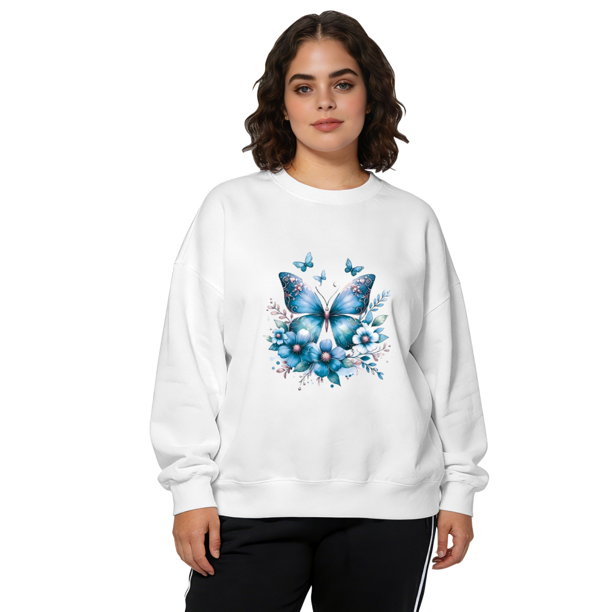 Blue Watercolor Butterfly & Blooms Graphic Crewneck Sweatshirt