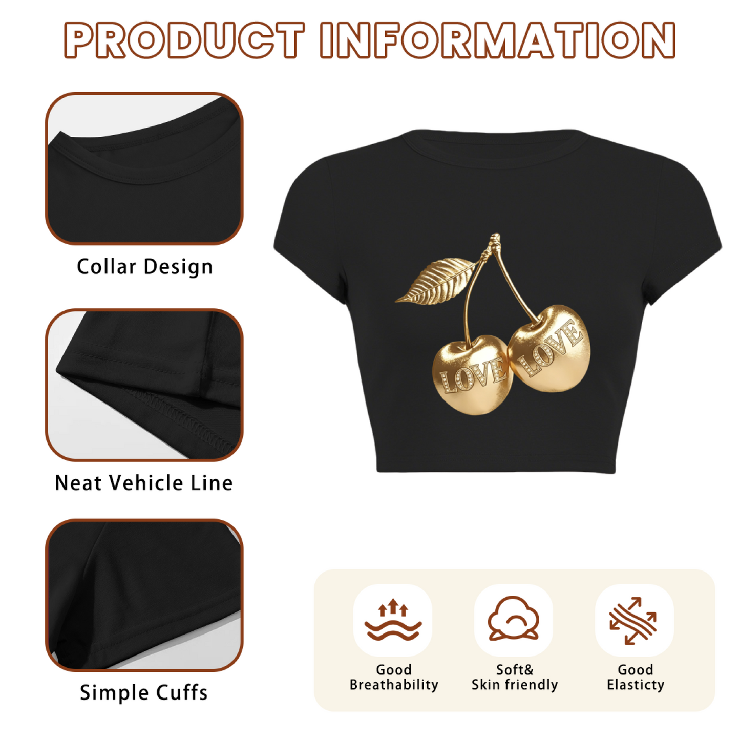Luxury Golden LOVE Cherry Black Cropped Top