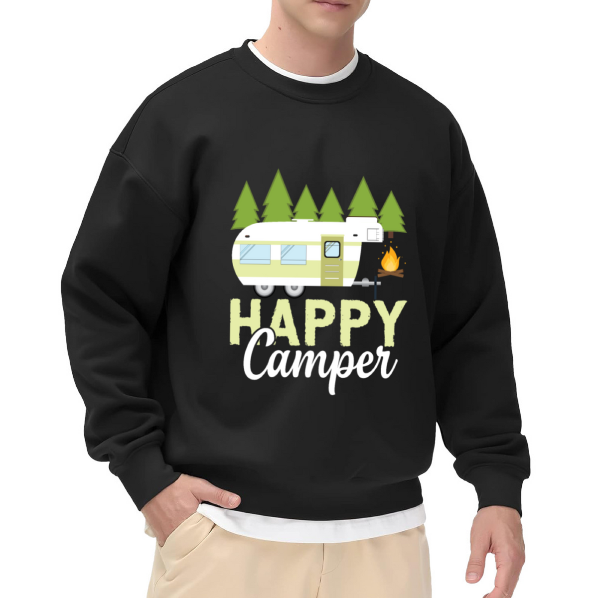 Happy Camper RV Pine Tree Campfire Outdoor Crewneck Sweatshirt