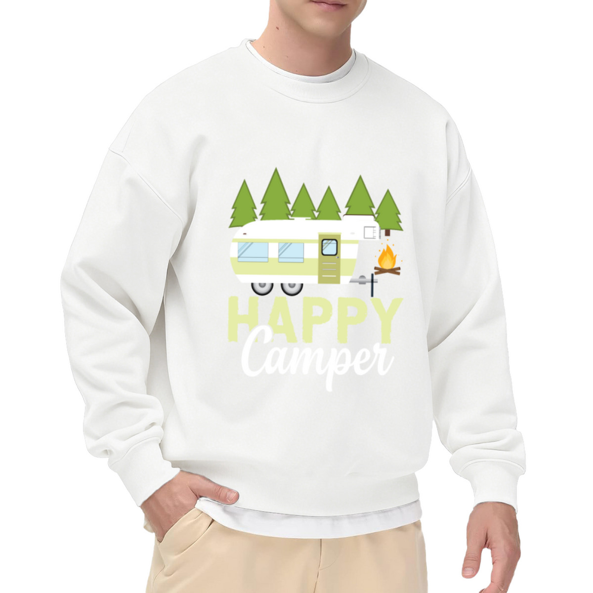 Happy Camper RV Pine Tree Campfire Outdoor Crewneck Sweatshirt