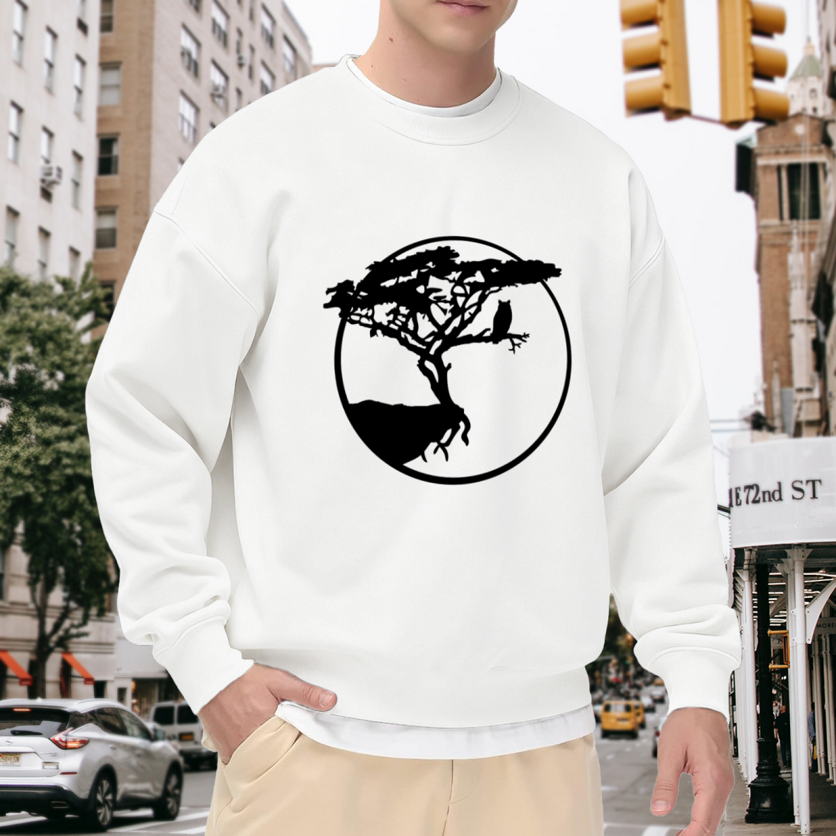 Circle Tree Owl Dark Nature Silhouette Crewneck Sweatshirt