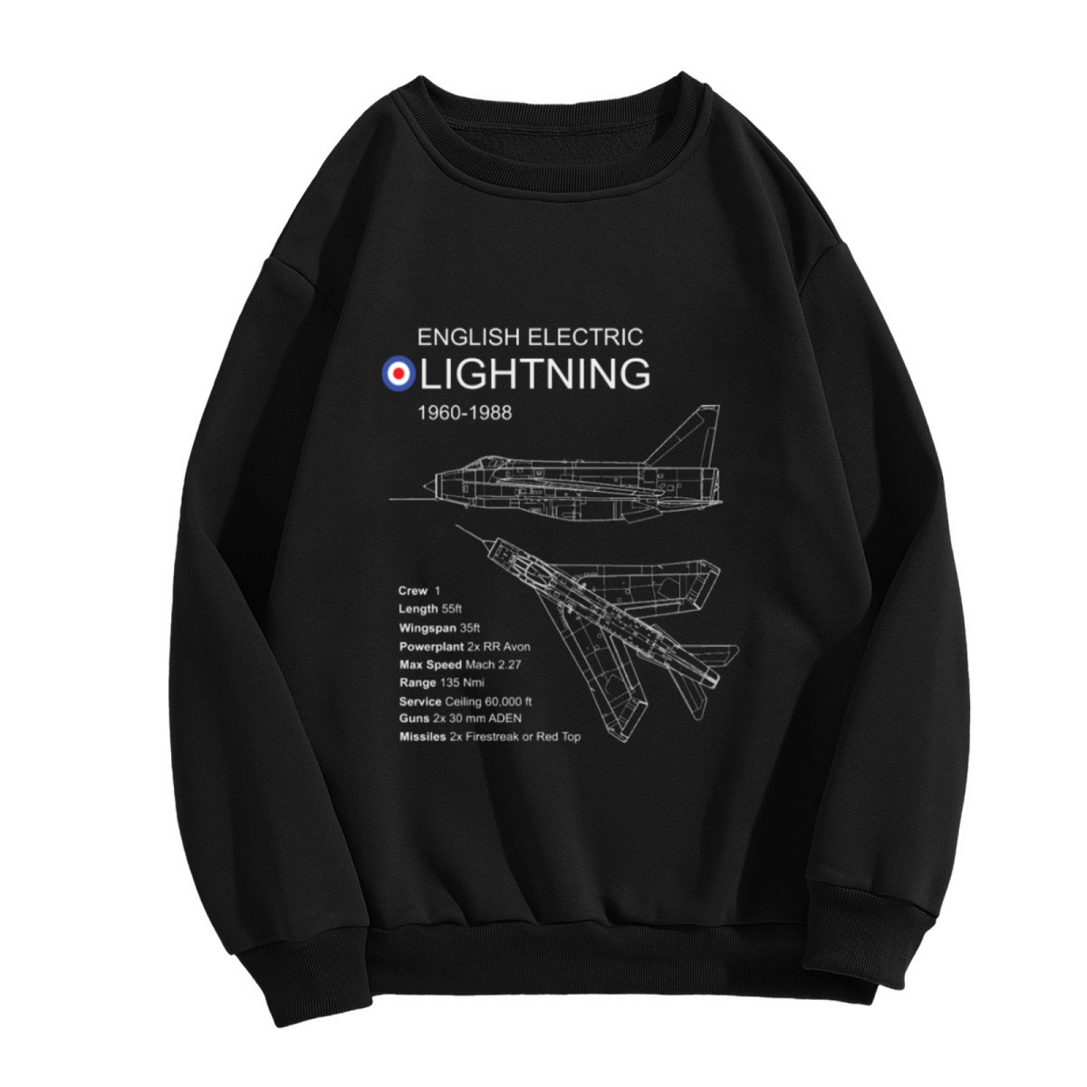 English Electric Lightning Jet Blueprint Military Aviation Crewneck Sweatshirt