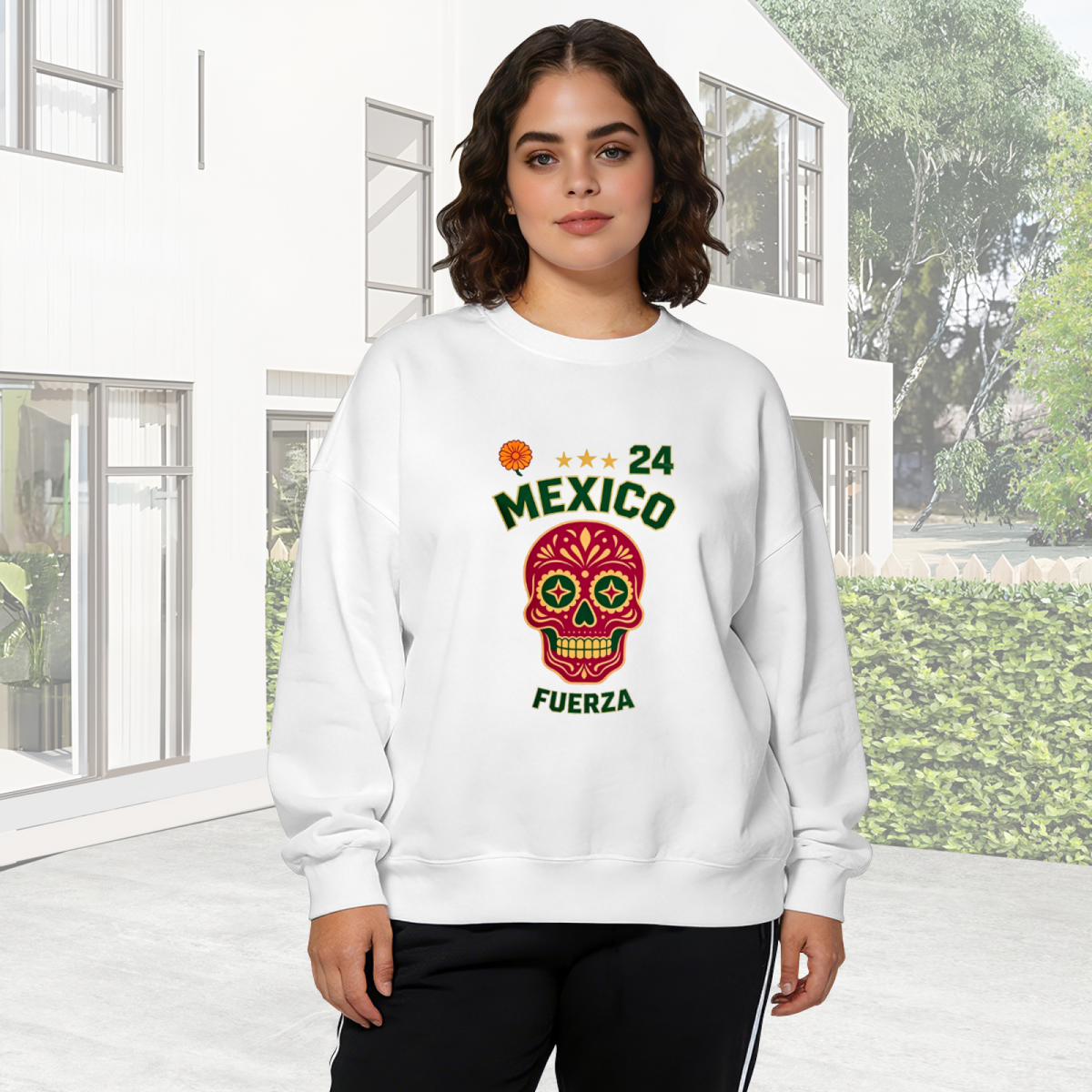 Mexico Sugar Skull Fuerza 24 Graphic Crewneck Sweatshirt