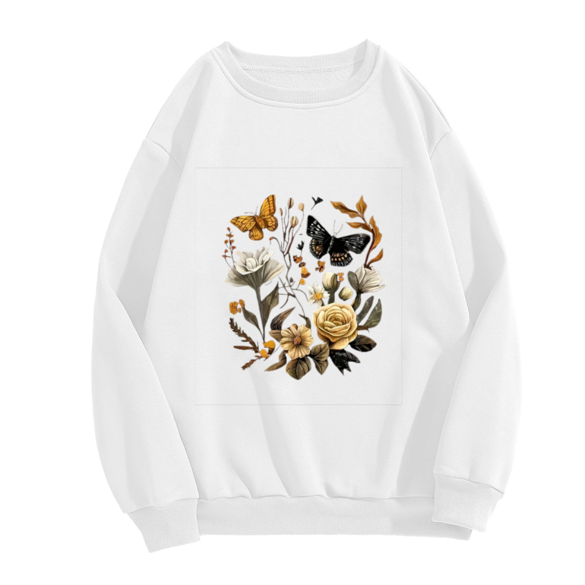 Vintage Botanical Butterfly Floral Art Crewneck Sweatshirt | Retro Garden Print Pullover