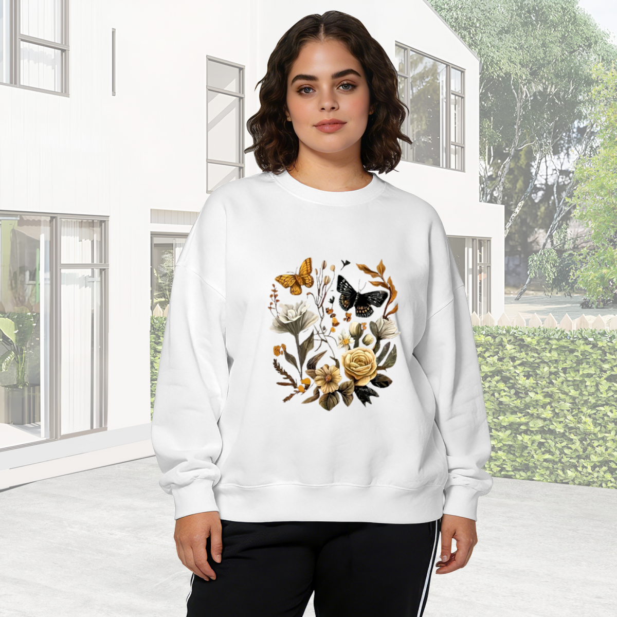 Vintage Botanical Butterfly Floral Art Crewneck Sweatshirt | Retro Garden Print Pullover