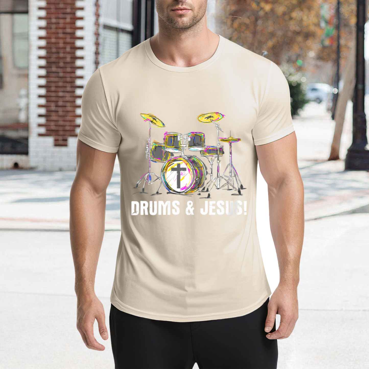 Drums & Jesus Colorful Drum Kit Christian Music Tee