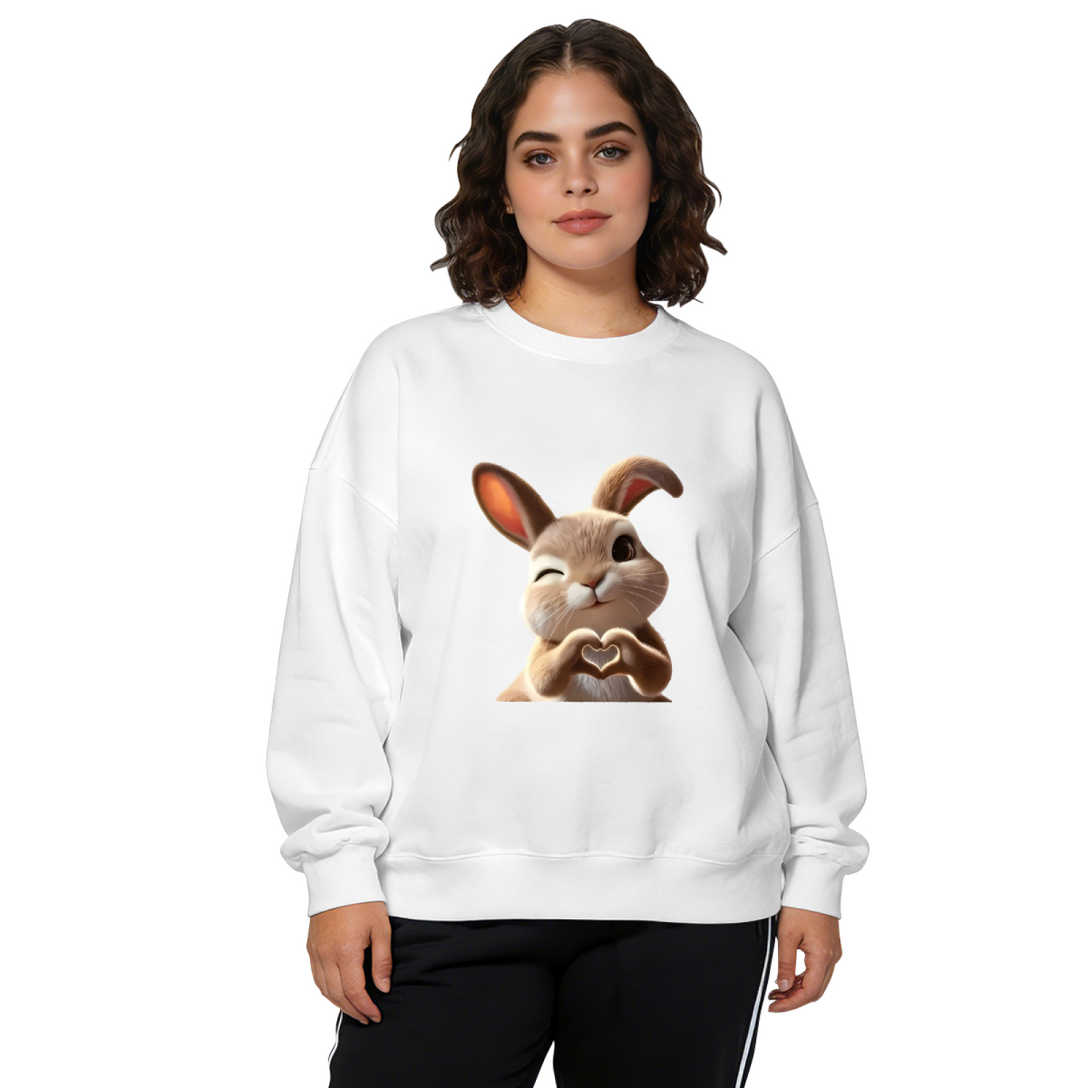 Adorable Wink Bunny Making Heart Gesture Crewneck Sweatshirt