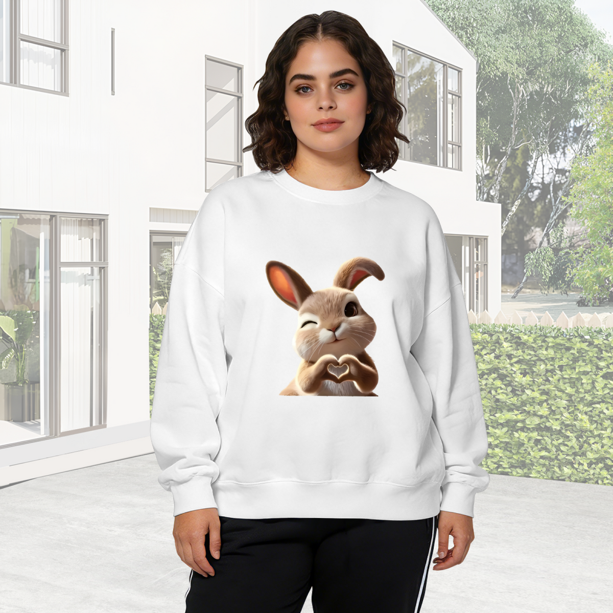 Adorable Wink Bunny Making Heart Gesture Crewneck Sweatshirt