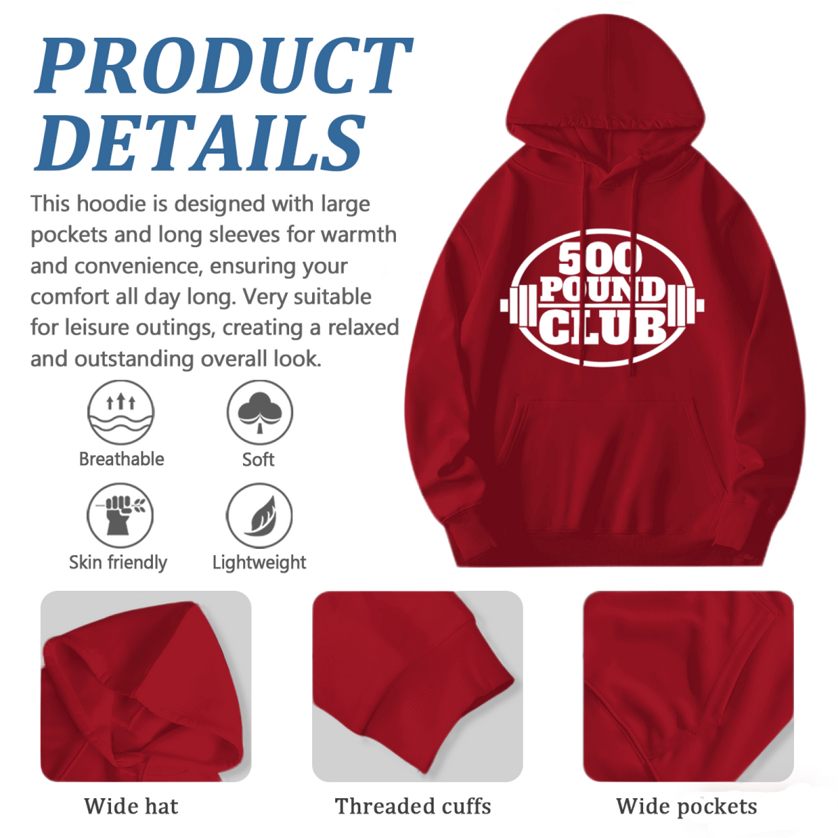 500 Pound Club Weightlifting Red Mens Hoodie, Comfort Gym Pullover